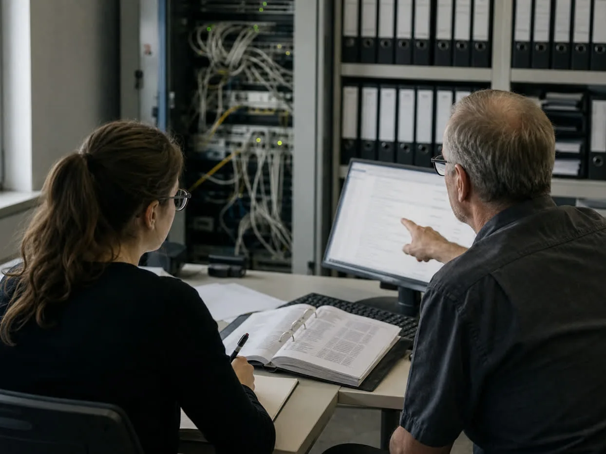 Zwei Personen an einem Schreibtisch, eine zeigt auf einen Monitor mit einer Dokumentenliste, davor ein aufgeschlagener Ordner, dahinter ein Netzwerkschrank und eine Ordnerwand