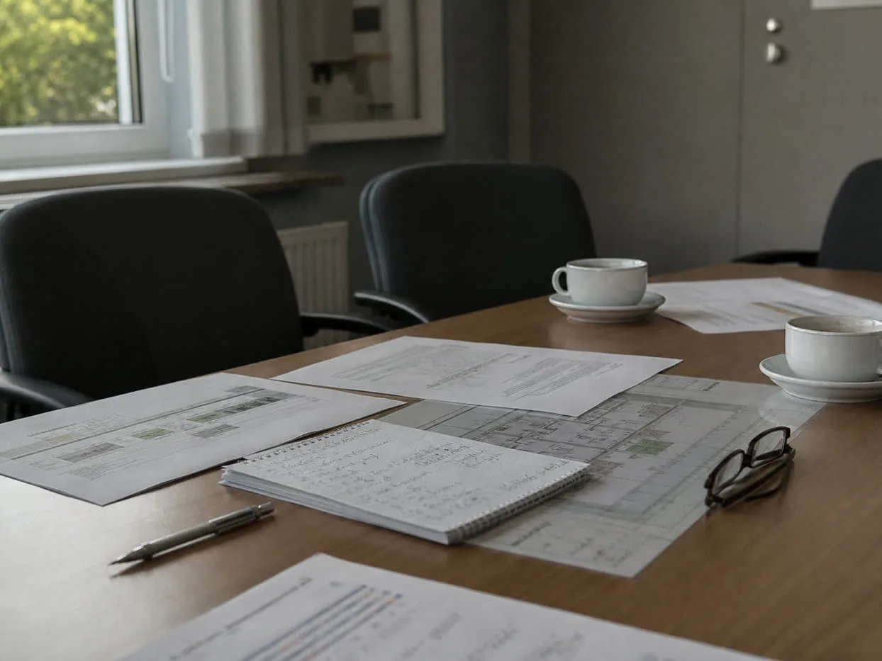Besprechungstisch mit ausgebreiteten Unterlagen, Notizblock und Grundriss, die Sitzung ist unterbrochen